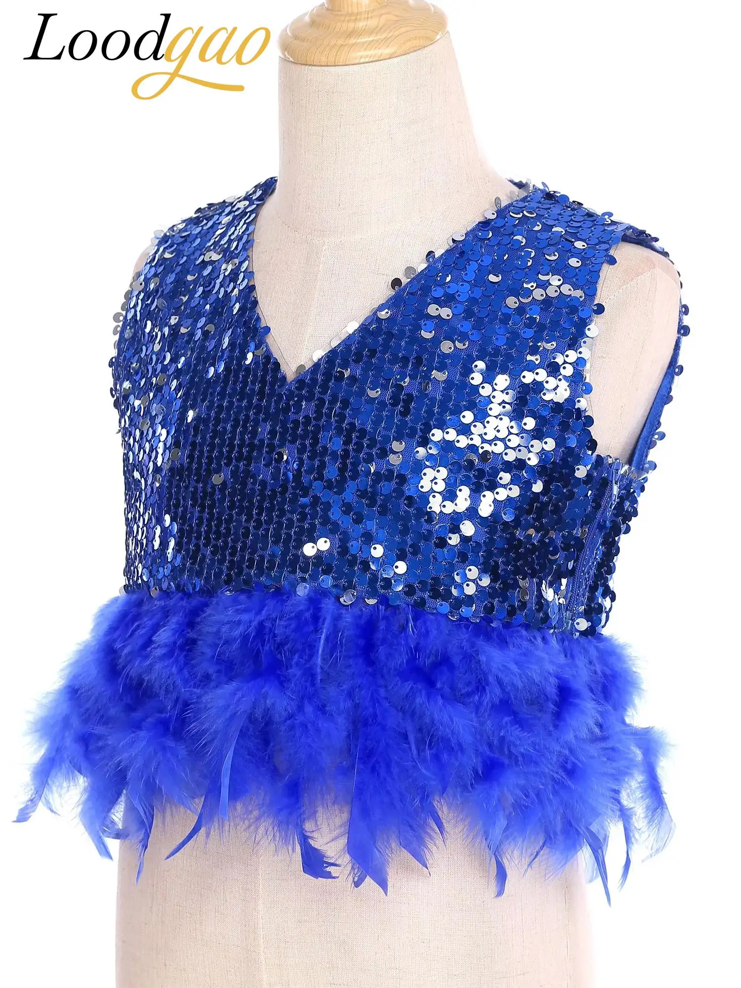 

Girls Sleeveless Tank Top Faux Feather Trim Sequin Dance Crop Top Dancewear Crop Vest for Birthday Party Stage Festival Costumes