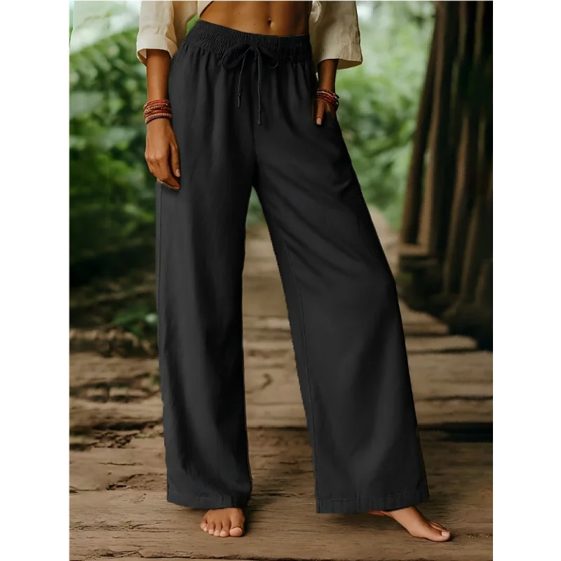 New Elastic Casual Solid Color Cotton Linen Trousers Wide-leg Pants