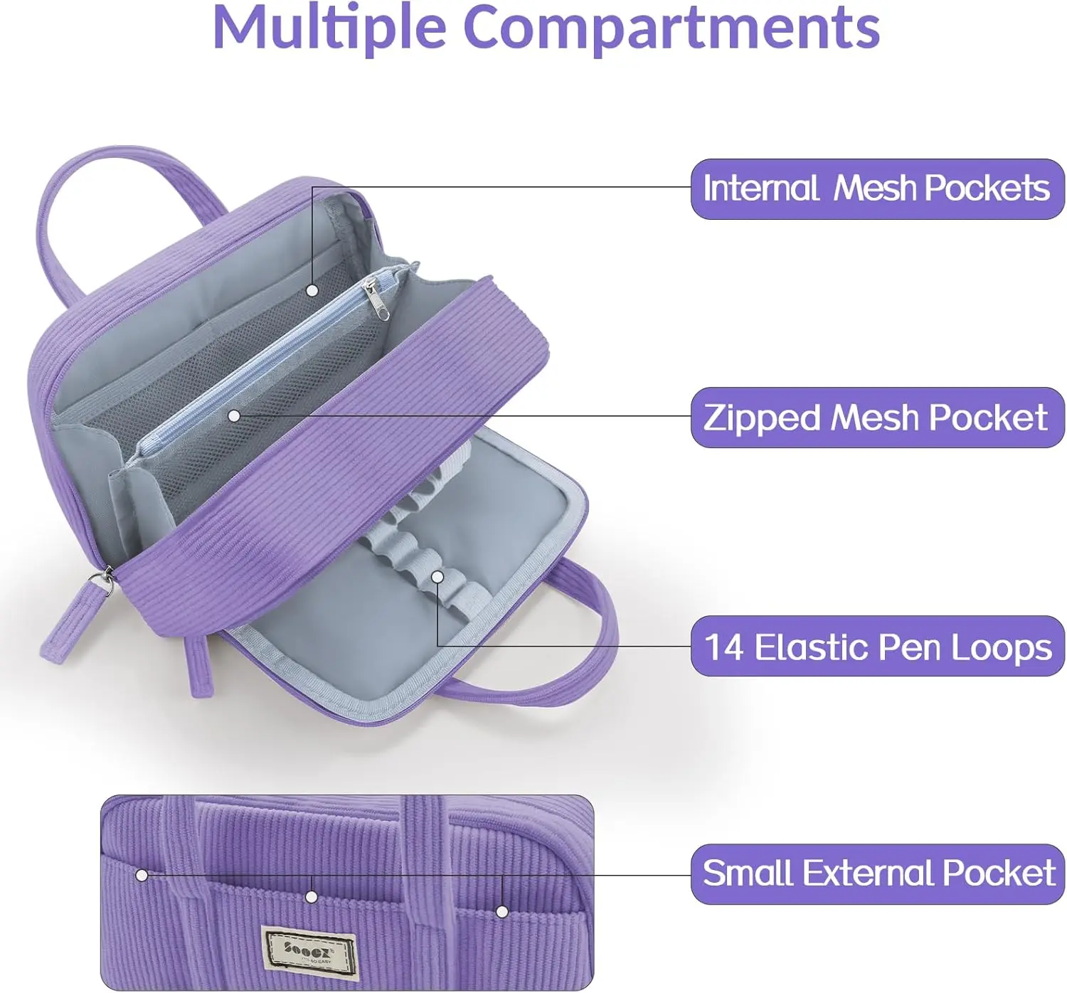 Extra Large Pencil Case with 5 Compartments, Wide Opening, Soft Corduroy, Cute Aesthetic School Supplies for Teen Girls - Purple - View 3
