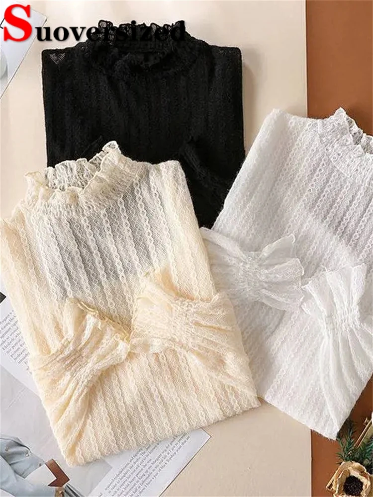 Half Turtleneck Thin Knitted Tops Lace Loose Knitwear Pullover Elegant Long Sleeve Botoming Jumper Fall Chic Women Blouses