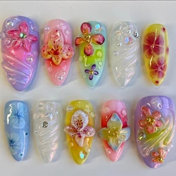10Pcs Handmade Manicure Medium Almond Fake Nails 2024 New Cute Shell Limited Press On Nails Design with Adhesive Nail File Set