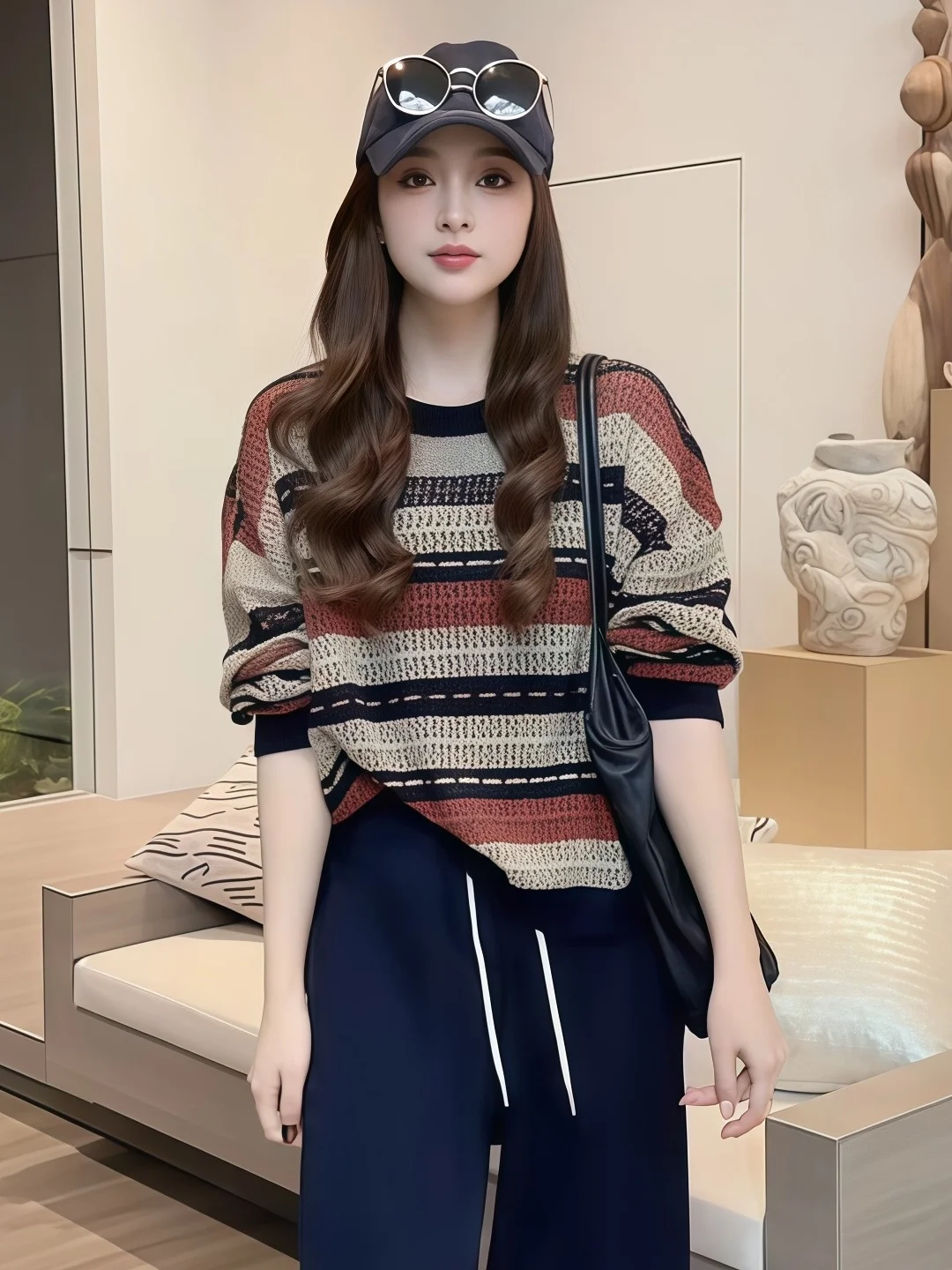 Faionable High-End Color Blo Hollow Suéter de malha feminino plus size Sli versátil Ele Top retrô solto ajuste longo...