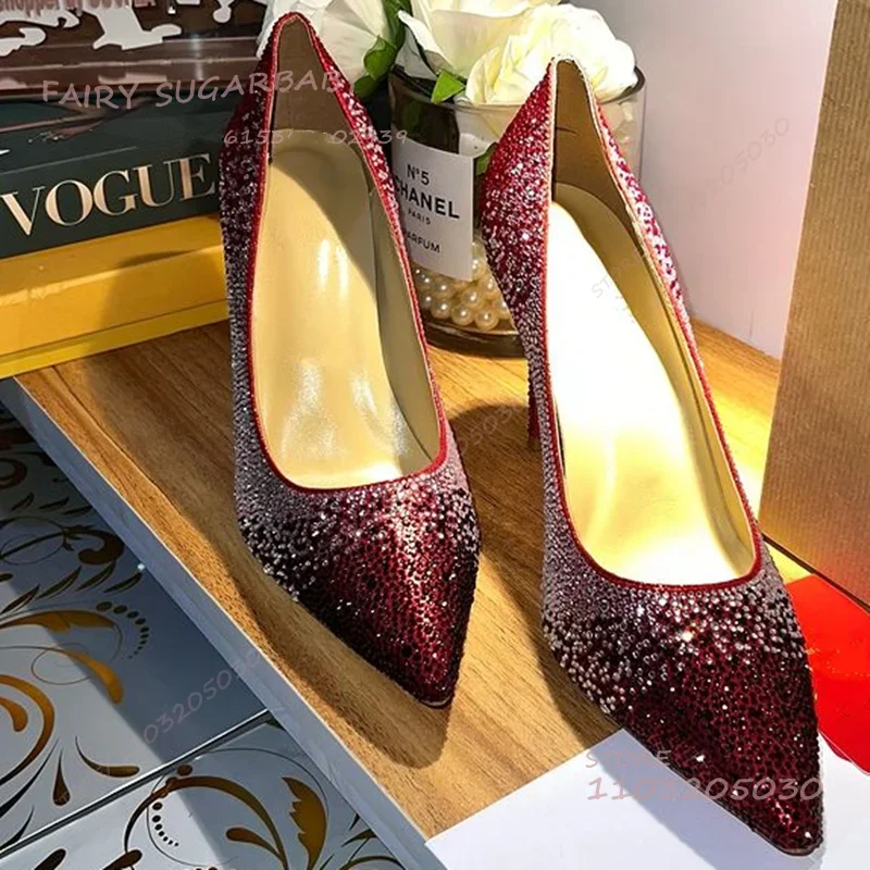 Red Silver Gradient Crystal Pump Ladies Luxury Dress Pointed Party 12Cm Heels Sexy Sandal Autumn Diamond Trim Bling Catwalk Shoe