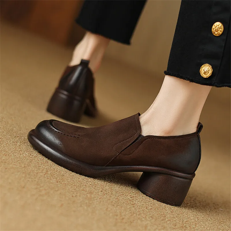 New Autumn Genuine Leather Women Shoes Fashion Round Toe Shoes for Women Chunky Heel Loafers Zapatos Mujer Women Pumps Brown