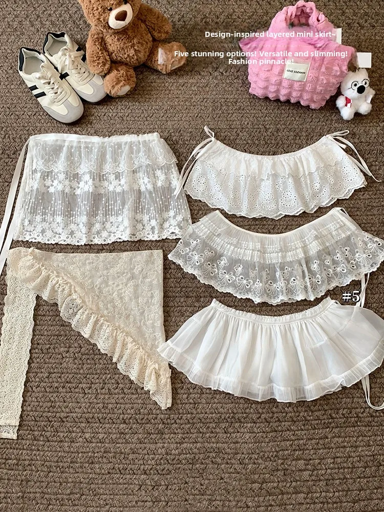 White Flower Lace  Knot Tie-Belted Outerwear Skirt Women's Autumn Winter Ballet Style Sweet Half Skirt Layering