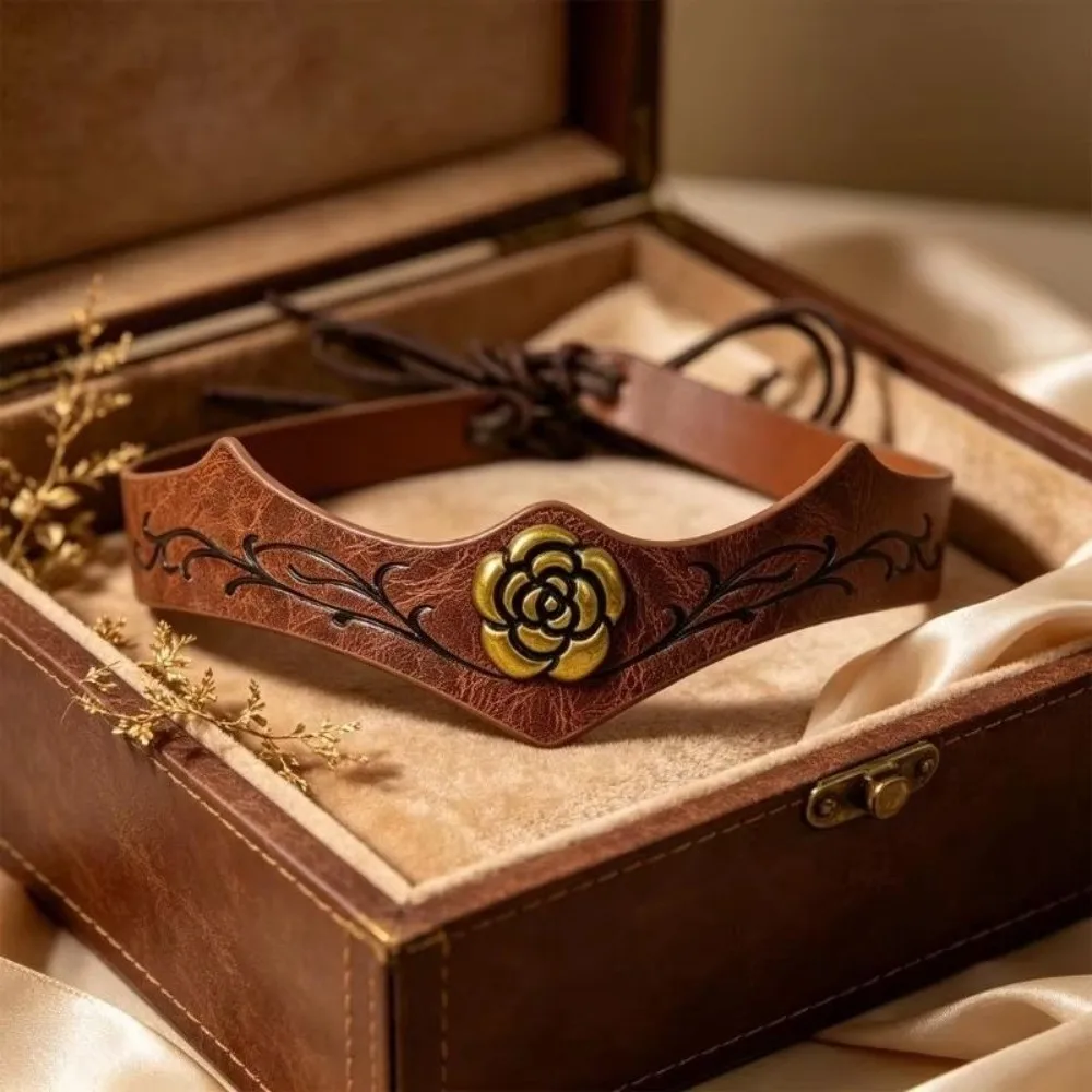 Embossed Design Medieval Headpiece Golden Rose Pattern Faux Leather Material Cosplay Headpiece Elf Warrior Style Adjustable Size