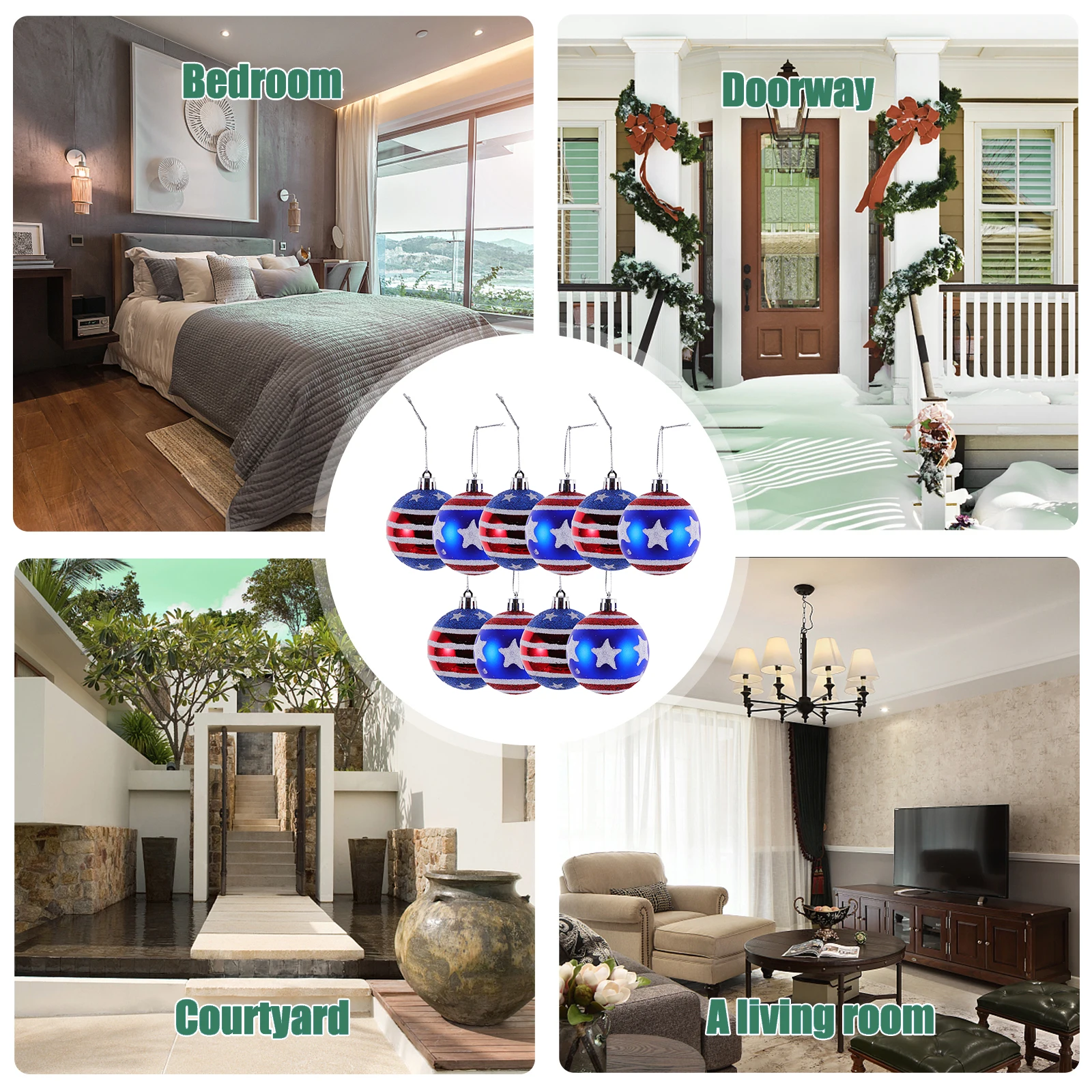 

12Pcs 4Th of July Hanging Ball Decor Red White Blue Pattern Premium Plastic Patriotic Pendant for Home Office Restaurant