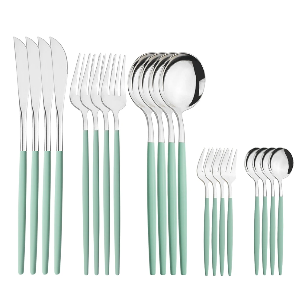 

20-ступенчатые серvies Mint Groen Zilver Rvs Set Messen Vork Lepels Bestek Keuken Thuis Servies Bestek Set Groothandel