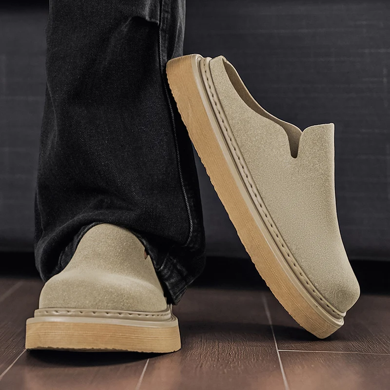 Men's Thick-Soled Half-Mule Clogs, Retro Suede Backless Slip-Ons, Outdoor Non-Slip Casual Slip-On Shoes, Everyday Commuter Mules