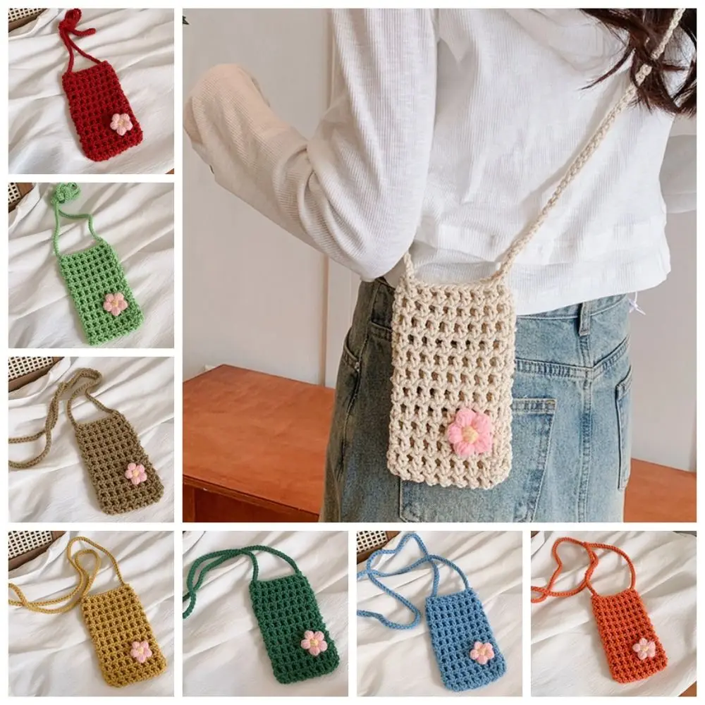 

Cute Flower Weaving Crossbody Bag Mini Square Crochet Phone Bag Handbag Solid Color Knitted Messenger Bag Outdoor