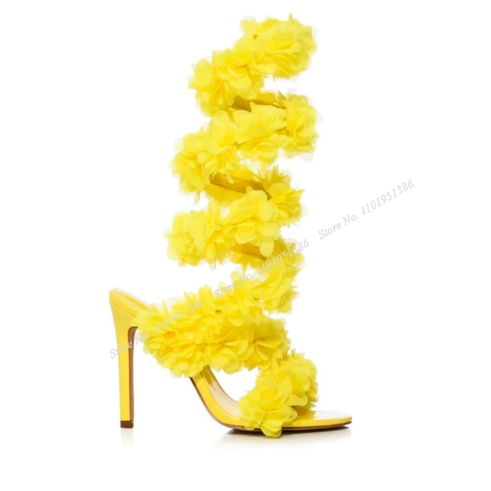 

Abesire Yellow Solid Twine Sandals Slip on Cut Out Thin High Heel Open Toe Shoes for Women on Heels Summer Zapatillas Mujer