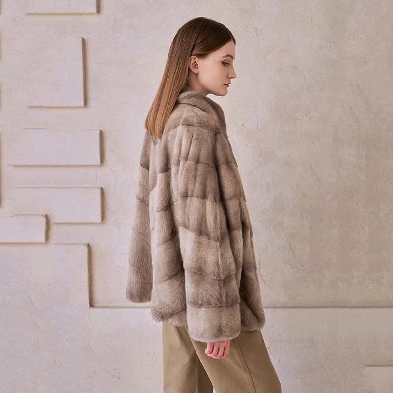冬用輸入スワンベルベットミンクファーコート、マンダリンカラー、ミンクコート、女性用ソフトルーズショートナチュラルリアルミンクファーコート