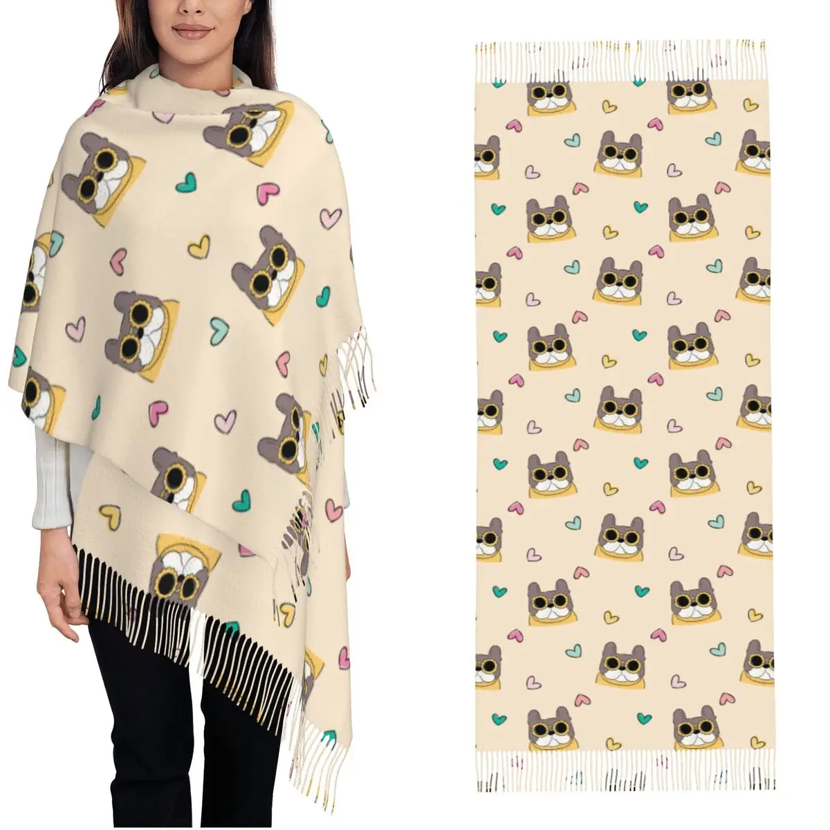 Cartoon French Bulldog Face And Heart Design Scarf for Womens Winter Fall Pashmina Shawl Wrap Kawaii Frenchies Print Scarves