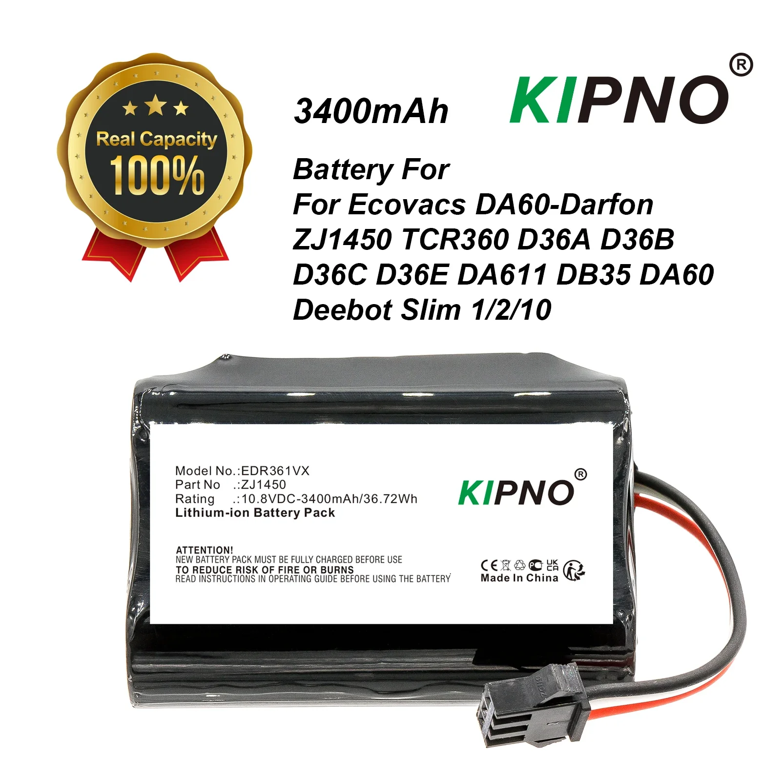 

Robot Vacuum Cleaner Battery 10.8v 3400mAh DA60-Darfon,ZJ1450 for Ecovacs D36A,D36B,D36C,D36E,DA60,DA611,DB35,TCR360