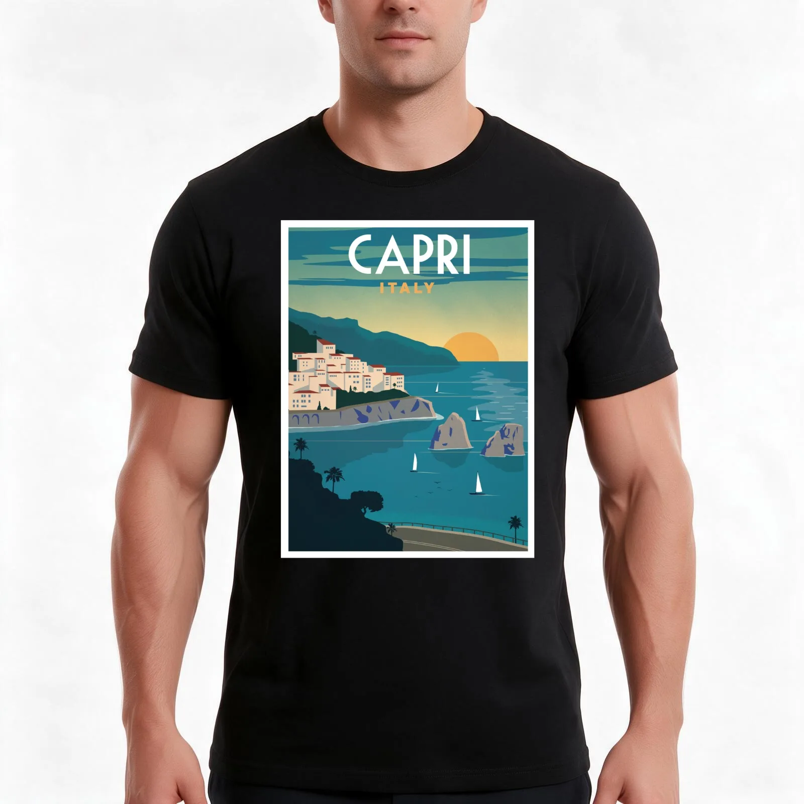 CAPRI ITALY: Vintage Resort Travel Advertising Print T-Shirt, Summer Casual Cotton Tee, Oversized Streetwear Tops, 100% Cotton