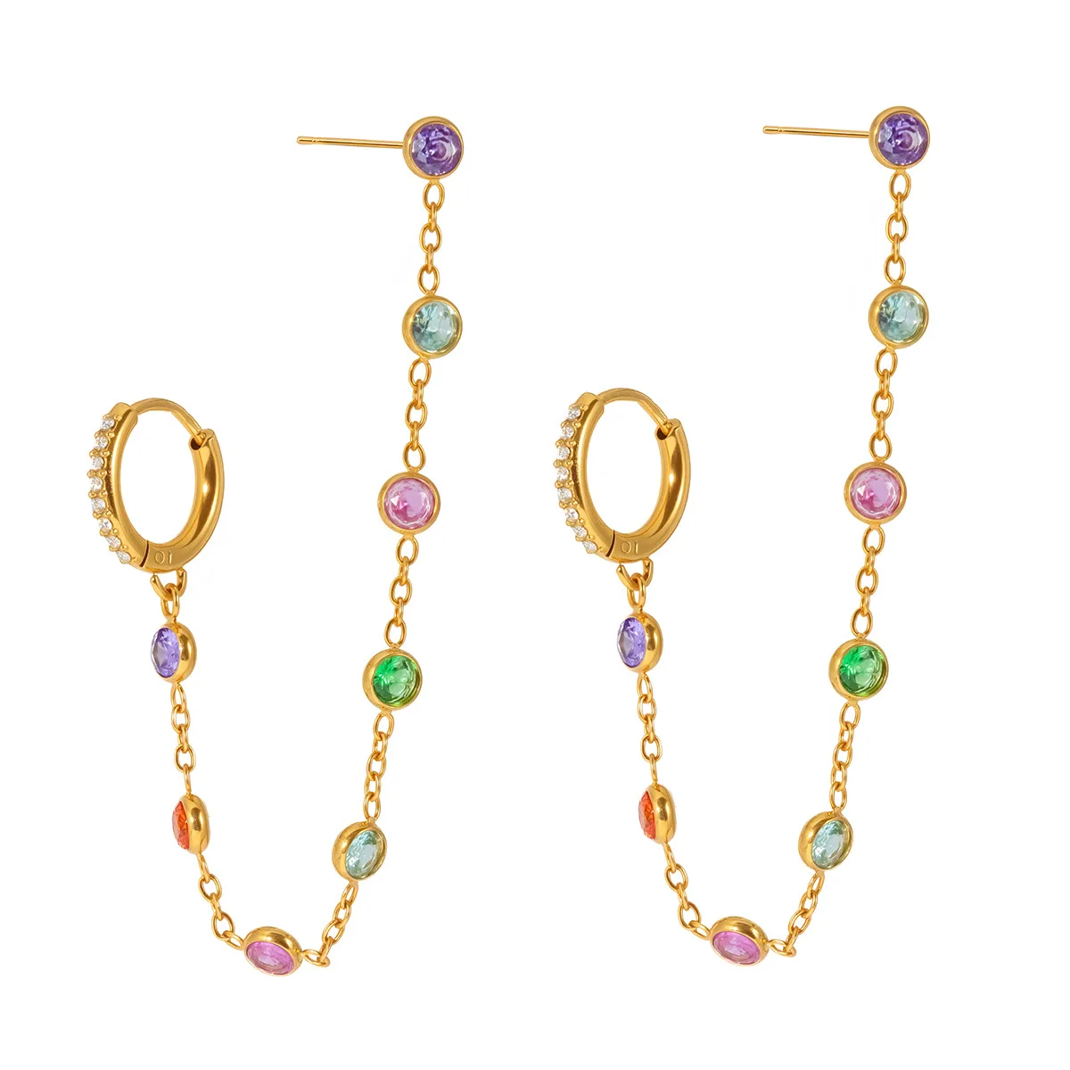2026 New Colorful Round Zircon Tassel Earrings For Women Minimalist 18K Gold PVD Plated Stainless Steel Earrings Fashion Jewelry