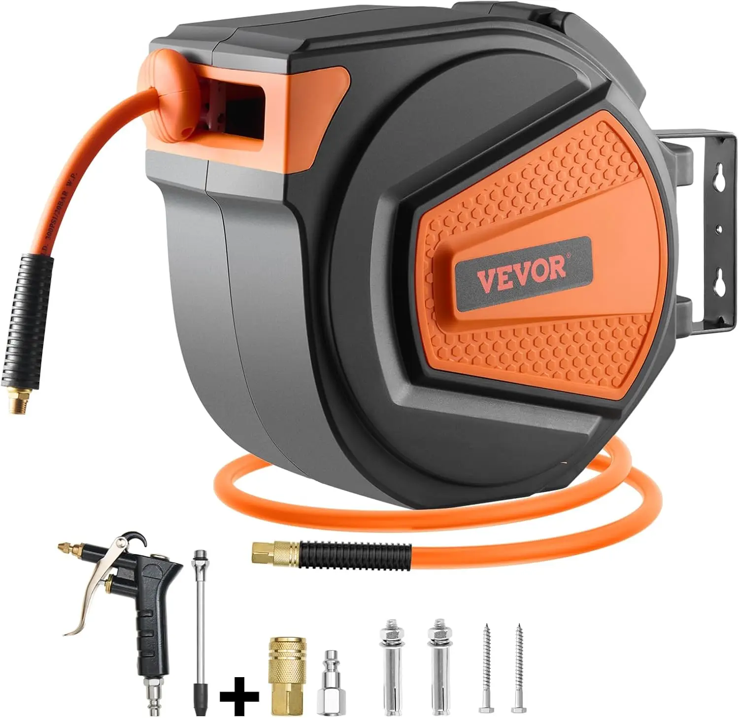 Retractable Air Hose Reel, 3/8IN x 65FT Hybrid Air Hose Max 300PSI, Air Compressor Hose Reel Auto-Rewind with 6.6 FT Lead in, Ce