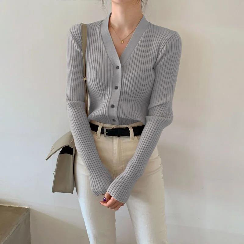 Odzież damska Moda Wykwintny dzianinowy top z dekoltem w szpic Wiosna Jesień Elegancka dzianina z długim rękawem Biuro Lady Casual Slim Open Top