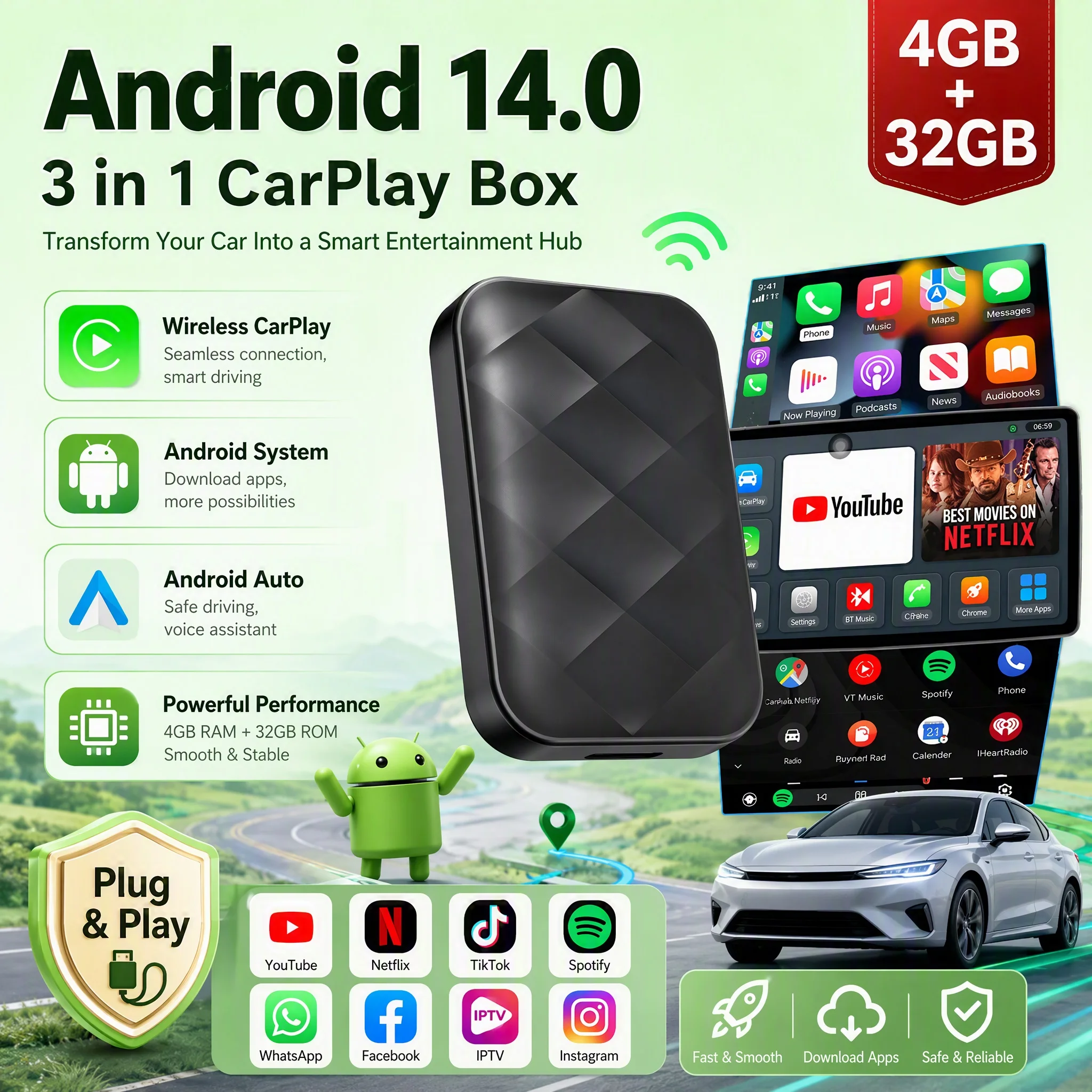 2026 New Android /Wireless CarPlay/ Android Auto 3in1 Car smart box 4+32GB with built-in large number of APPs Stable transmissio
