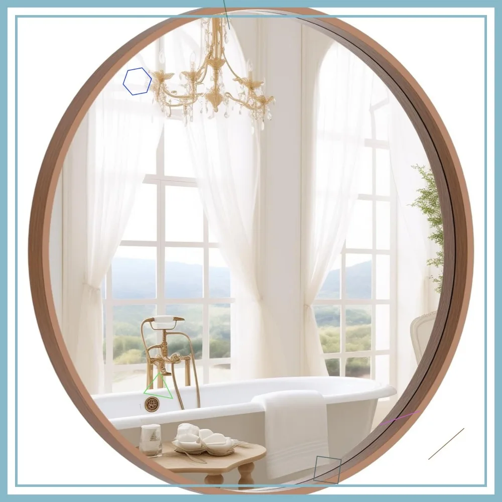 

24 Inch Wood Round Wall Mirror with Sturdy Frame for Bathroom Living Room Entryway Decor Walnut Finish