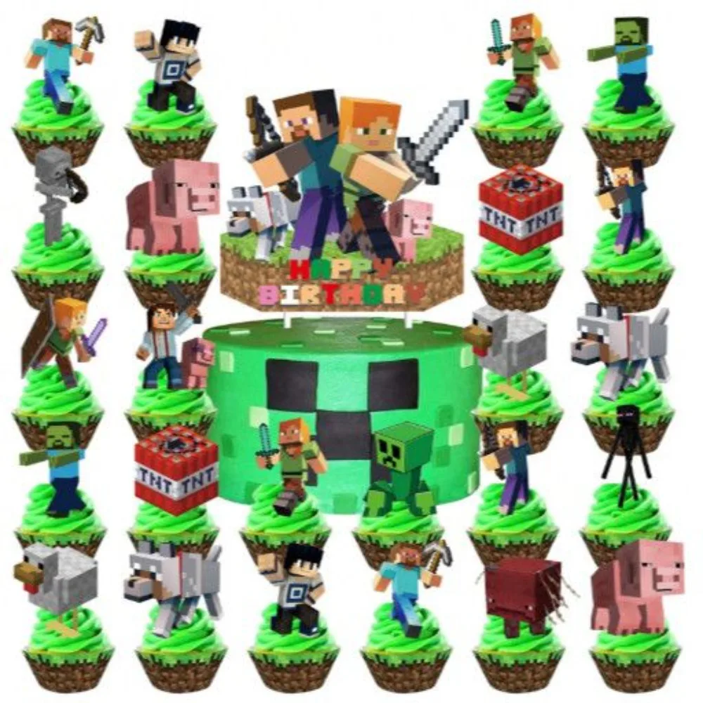 Minecraft Cake Toppers Pixel Game Birthday Cupcake Topper Set Gamer Party Decorations Anime Photo Prop Supplies Gifts