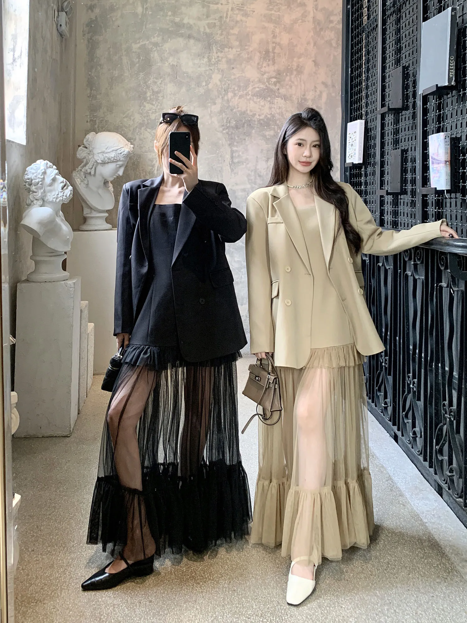 Koreański Zestaw Garniturowy z Wstawkami i Paskami, Dwuczęściowy Zestaw Damski, Wersja Standardowa, Długi Rękaw, Standardowa Długość