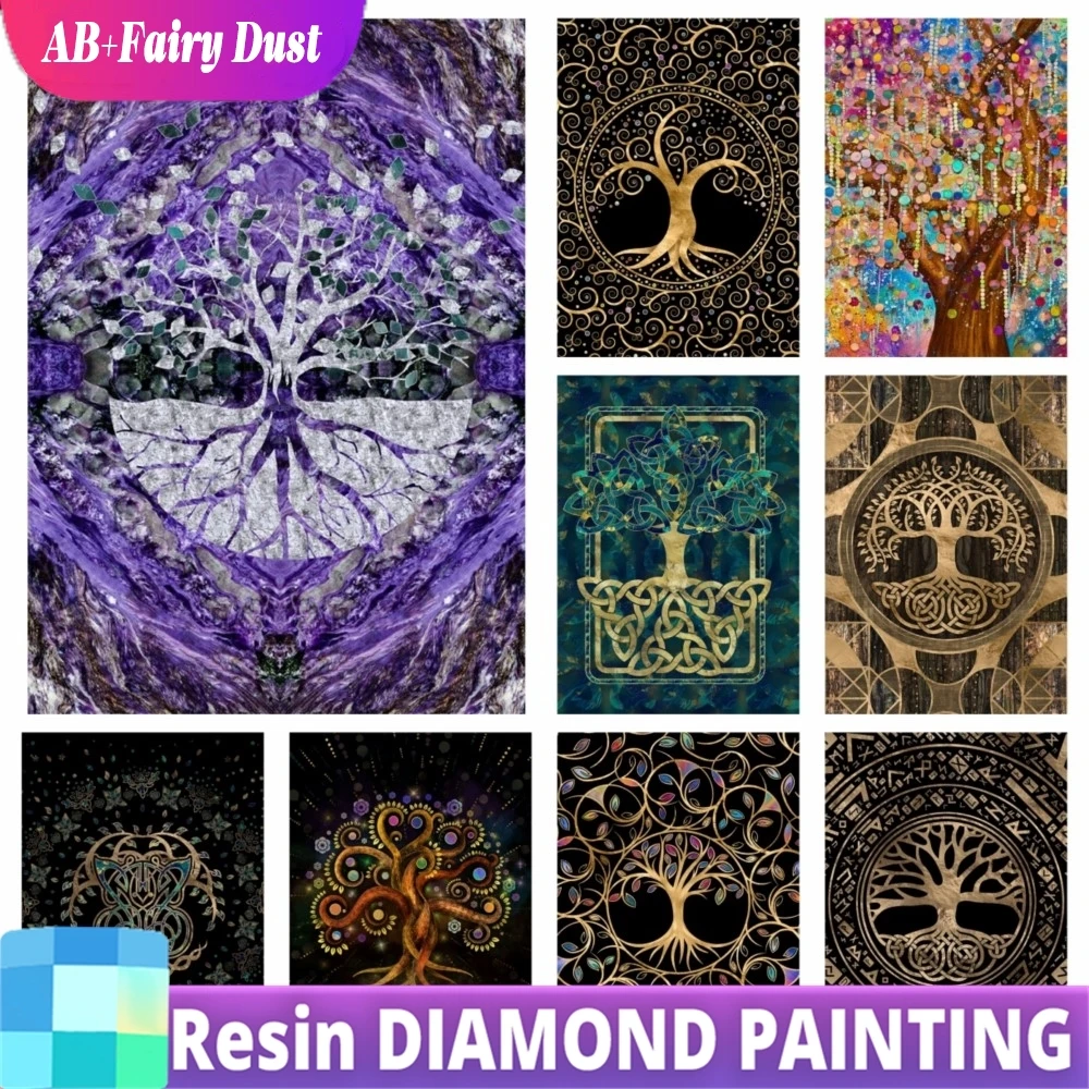 Resin Peri Debu AB 5d DIY Kit Lukisan Seni Berlian Pohon Kehidupan Yggdrasil Perhiasan Bordir Mosaik Jahit Silang Dekorasi Rumah