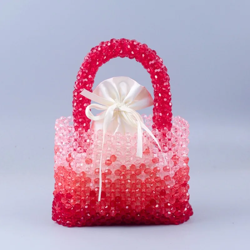 

New Handmade Beaded Knitted Crystal Ladies Handbag Fashion Simple Gradient Red Women's Bags Casual Versatile Small Square Bag