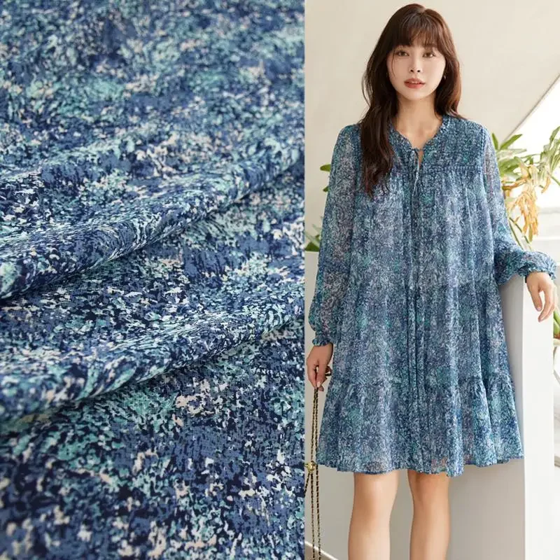 

Blue-Green Abstract Floral Pearl Chiffon Printed Fabric Dress Shirt Fashionable Handmade Slightly Transparent Small Pattern