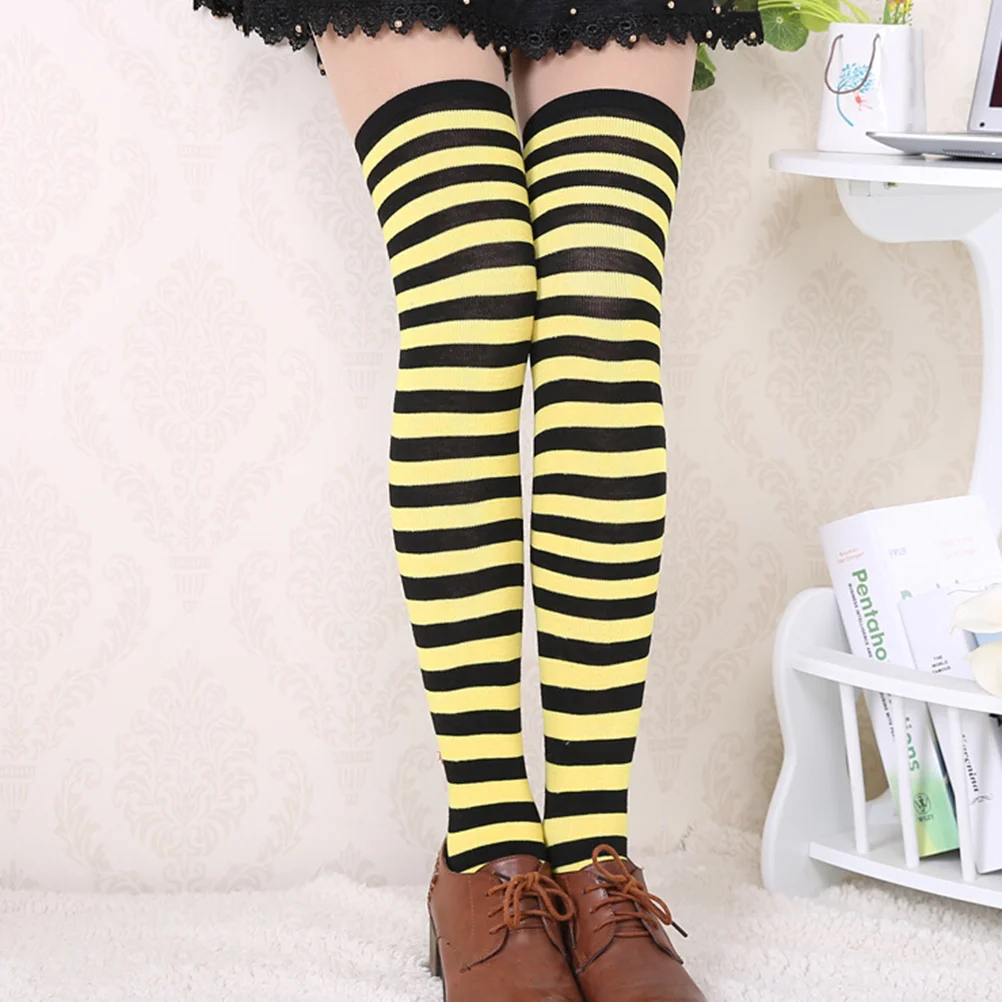 Over The Knee Socks Pair of Women's Yellow and Black Pinstriped Thigh High Over the Knee Stocking Socks