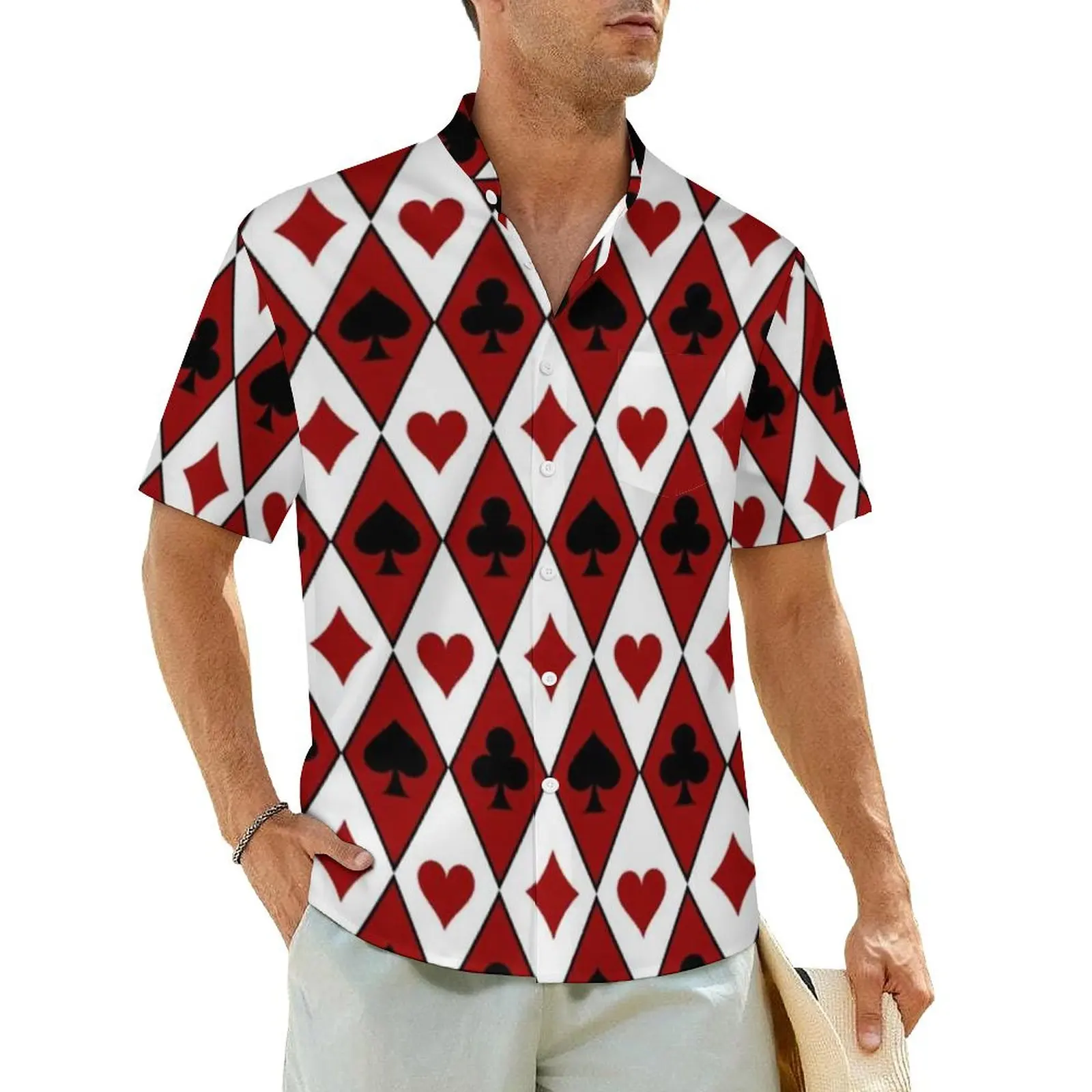 Funny Poker Print Beach Shirt Argyle Card Suits Hawaiian Casual Shirts Men Cool Blouses Short Sleeves Harajuku Pattern Clothing