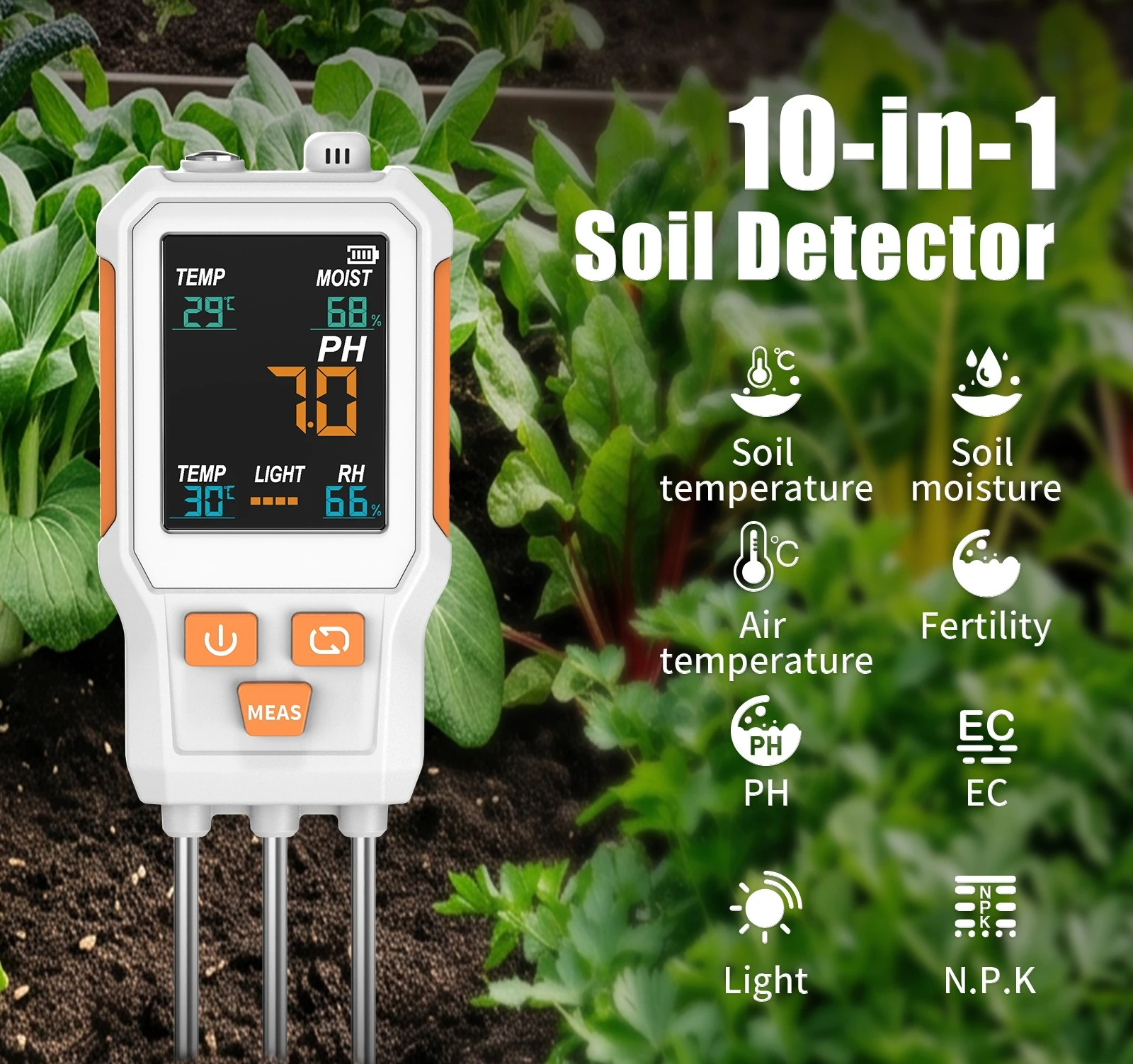 10-in-1 Soil Detector pH Temperature Humidity PH Fertility Illumination EC Nitrogen, Phosphorus and Potassium Test