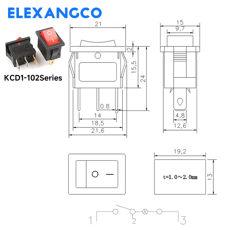 5 PCS/LOT 12Models KCD1 Series  21*15mm 3/4/6Pin Boat Car Rocker Switches 6A/250VAC 10A/125V AC With Red Green Lamp Switch