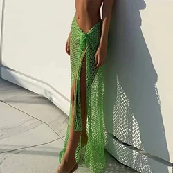 Vestido largo de punto transparente para mujer, Falda Midi de malla con transparencias, color blanco, para fiesta y playa, 2024