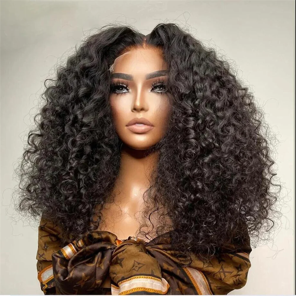 Macio natural preto kinky encaracolado sem cola 180 densidade 26 Polegada longa peruca dianteira do laço profundo para mulheres com cabelo do bebê pré-arrancado diariamente