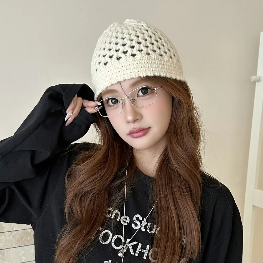 

Casual Bohemian Style Knitted Beanies Hat Hollow Out Korean Crochet Pullover Hat Thin Breathable Weave Cap Autumn