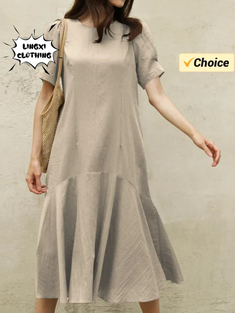 

Fashionable and Elegant New Women's Bubble Sleeve Long Dress Summer Solid Color Casual Round Neck Women's Large Size Dress