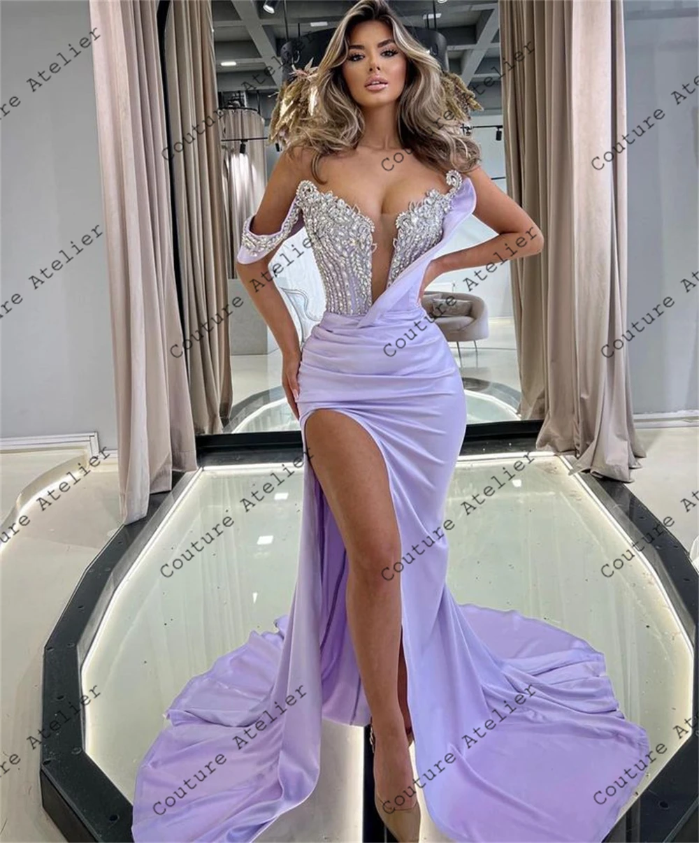 Sliver Crystal Beading Off The Shoulder Lilac Prom Dress Hight Slit Party Evening Elegant Luxury Celebrity Formal Occasion Dress