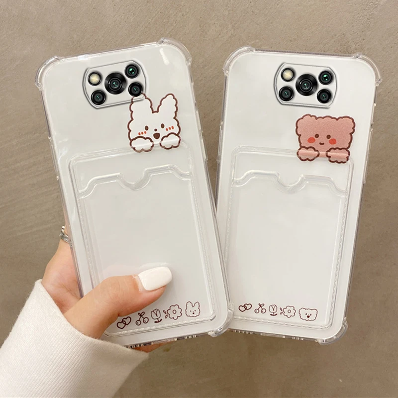 PocoX3 Transparent Card Slot Holder Phone Case On For Xiaomi Mi Poco X3 Nfc Pro X 3 Gt 5g Poko X3pro Bear Pocket Bag Cover