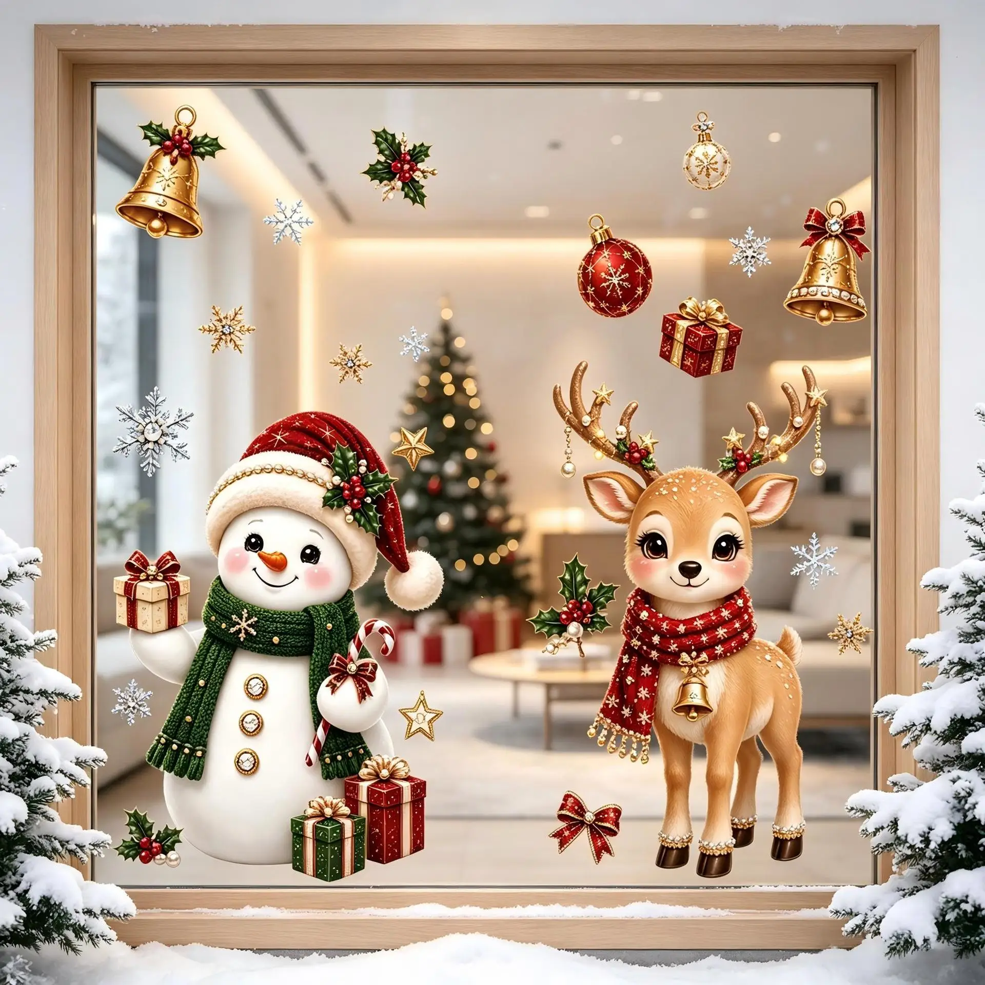 Christmas Window Stickers, Snowflake Snowman Cartoon Elk Santa Claus Static Glass Stickers, Christmas Decor
