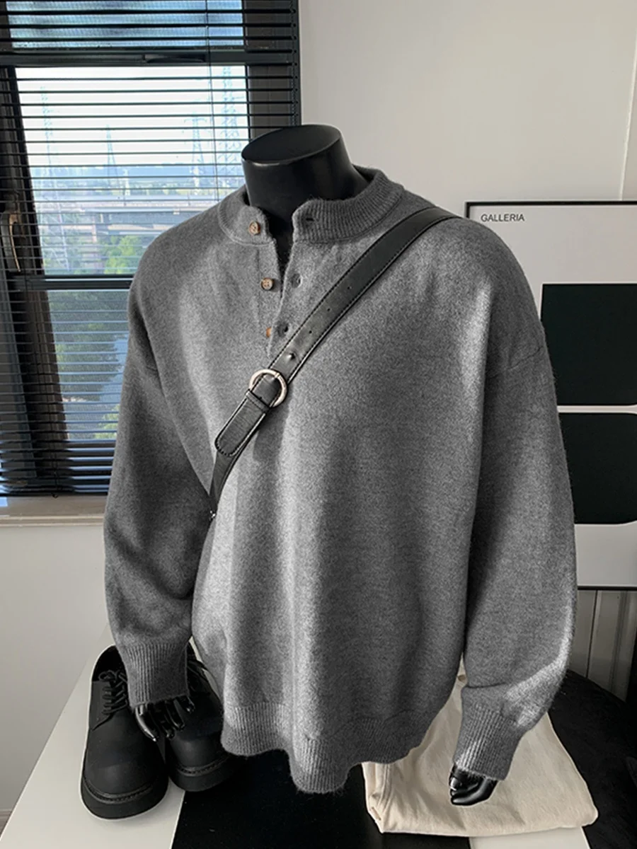 

Мужской свитер с воротником хенли, повседневный, для отдыха, винтажный, осенне-зимний, из полиэфирного волокна, с длинным рукавом, круглым вырезом