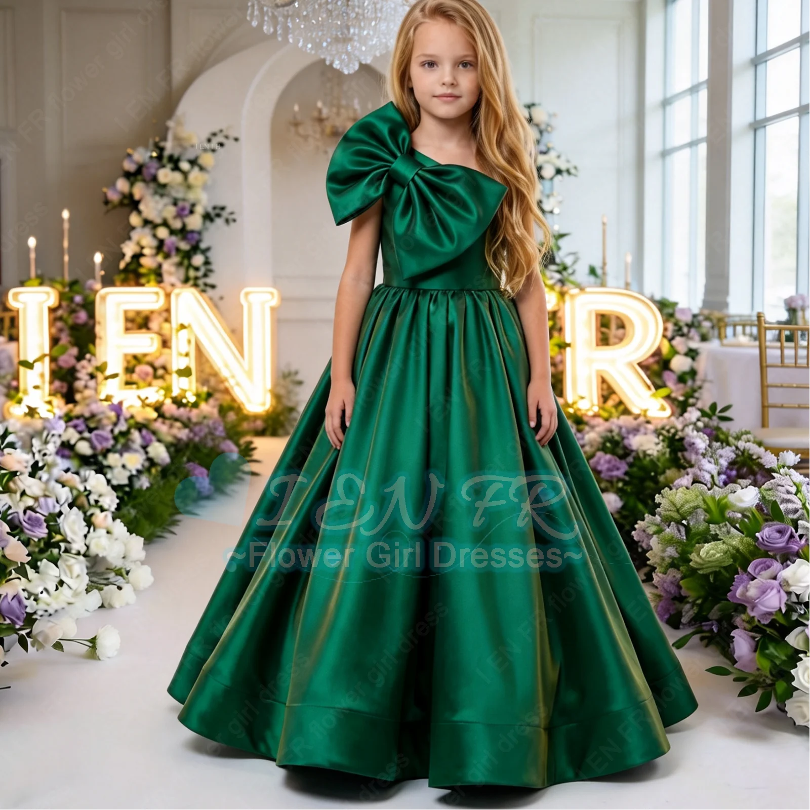 customized-flower-girl-dress-satin-green-a-line-dress-with-bow-decoration-for-birthday-party-wedding-bridesmaid-flower-girl