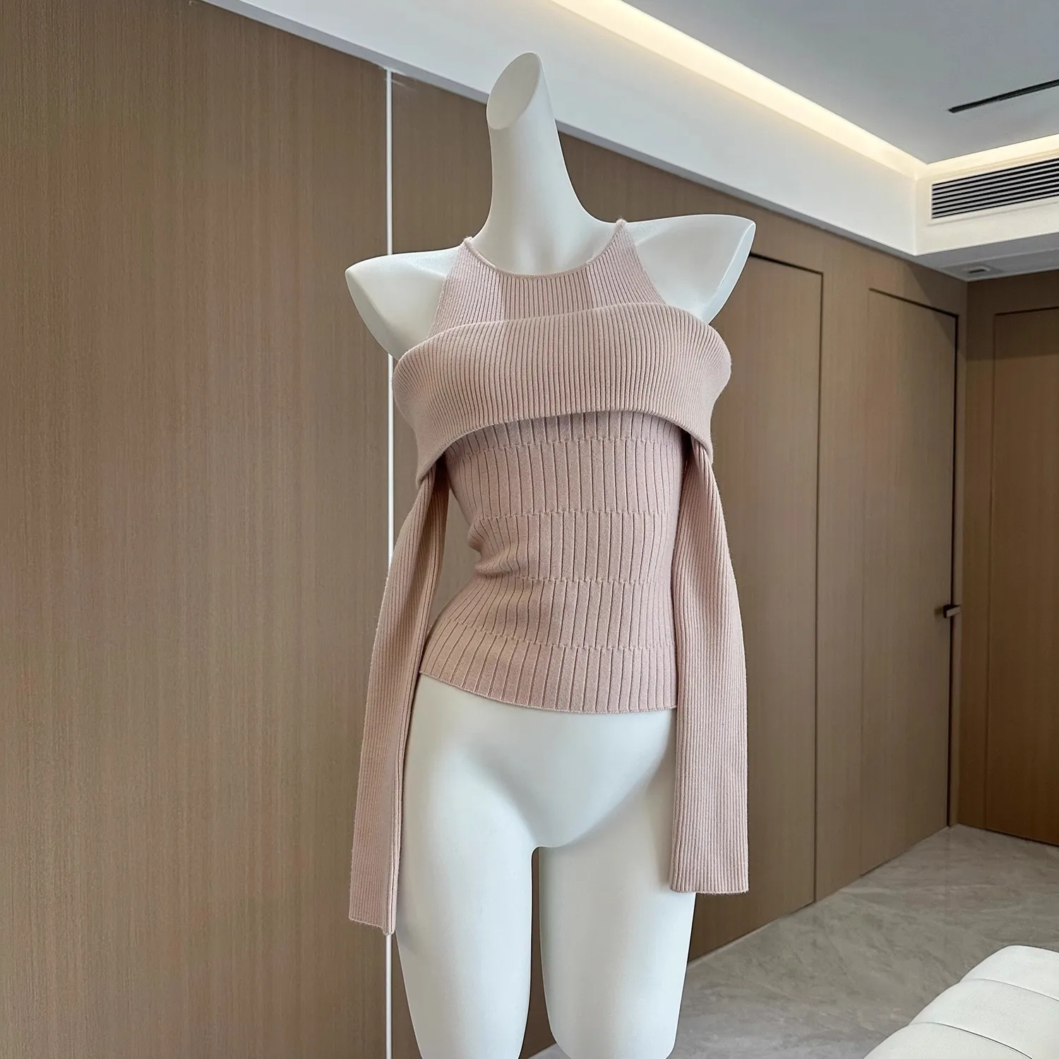 Нишевый искусственный топ на одно плечо из двух частей для женщин, однотонная маленькая рубашка с длинными рукавами для женщин