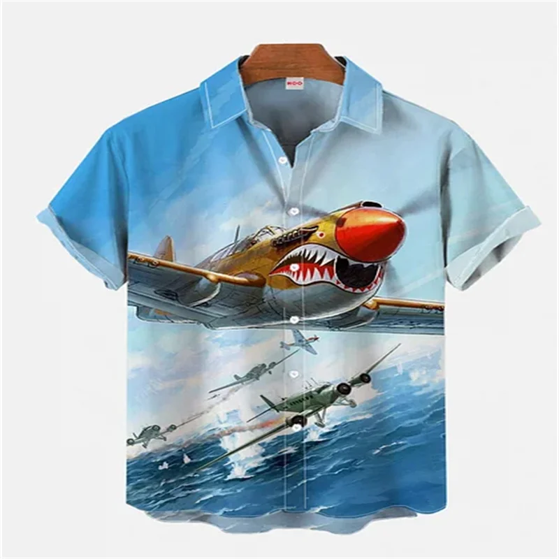 Summer men's short sleeve animal airplane print shirt, vintage single breasted shirt, fighter jet print clothing, fast shipping