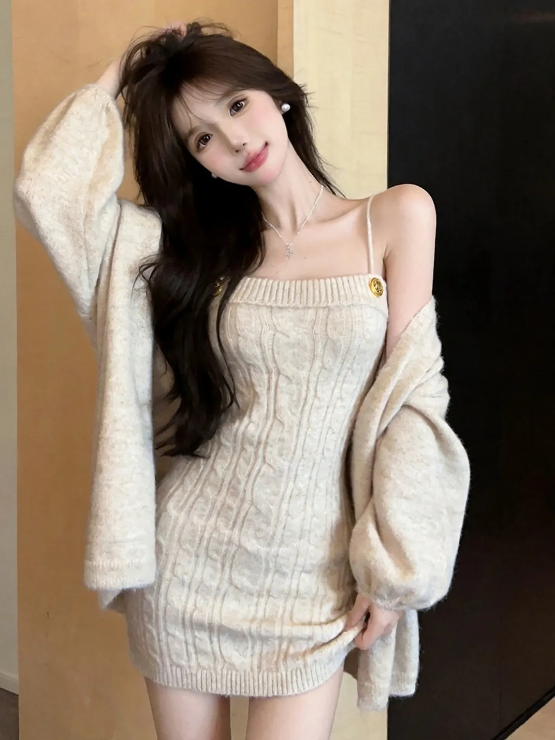 Korean Style Soft Cozy Sexy off Shoulder Knitted Dress Loose Sweater Two Piece Set Comfortable Stretchy Base Layer Strap Dress