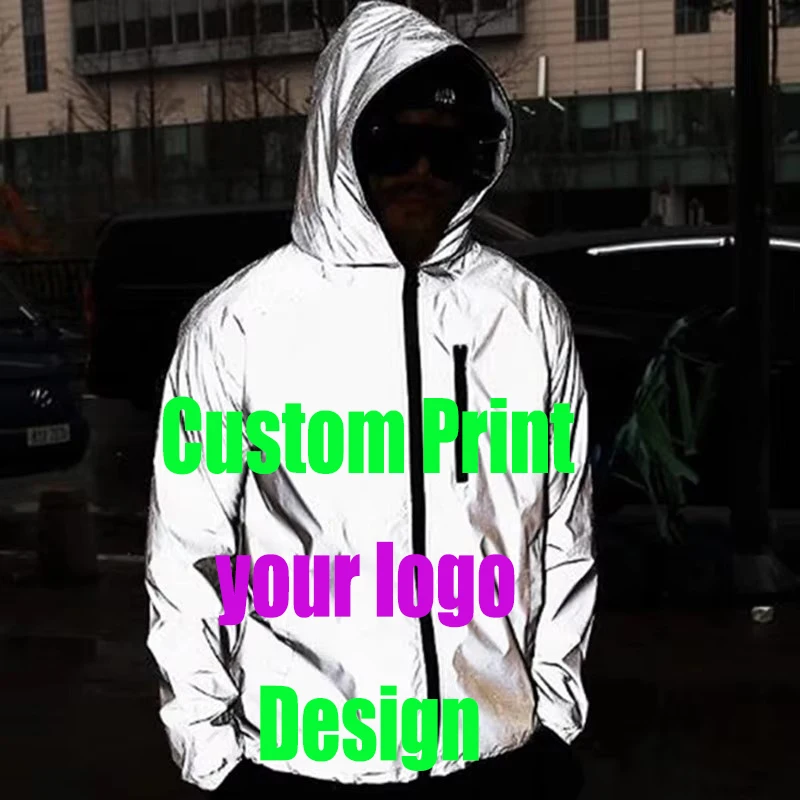 Custom Print Logos Design Punksteam Reflective Jacket Men Male Hip Hop Punk Hooded Coats Reflect Fluorescent Evening Windbreaker