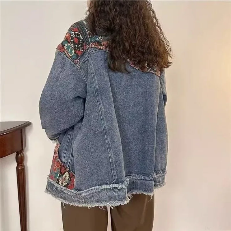 Europe And The United States Street Retro Ethnic Couple Denim Jacket Women's 2024 Spring And Autumn Stitching Washed JacketTide.