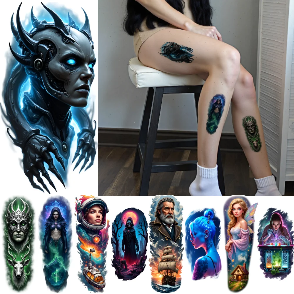 3pcs Temporary Tattoo Blue-haired Woman Tattoo Realistic Temporary Tattoos Ship Tattoo Fairy Tattoo For Adult Thighs Shoulders