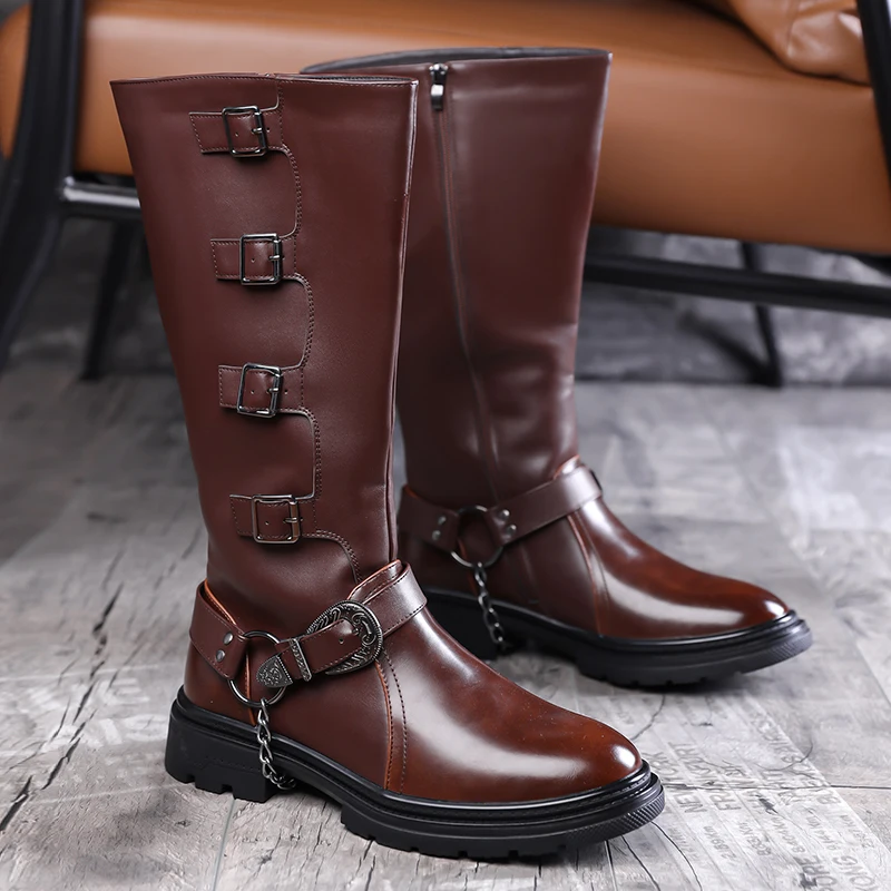 Large Size Mens Fashion Stage Nightclub High Motorcycle Boots Black Brown Genuine Leather Shoes Cowboy Long Boot Western Botas