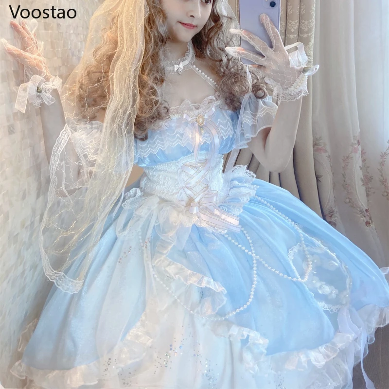 Sweet Lolita Princess Party Dress Vintage Victorian Women Elegant Mermaid Flower Wedding Dresses Girly Lace Pearls Mesh Vestidos